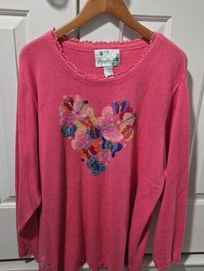 Quacker Factory Bright Pink Embroidered Butterfly Heart Sweater, 3X